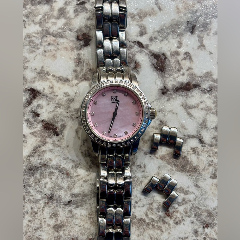 ESQ Movado Swiss stainless watch, diamonds, pink MOP face, rarely worn